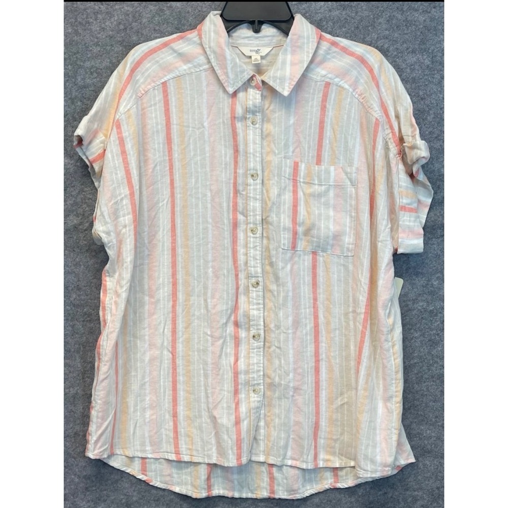 TERRA & SKY Linen Blend Camp Shirt Womens 0X 14W‎ Stripes Short Sleeve NWT Light